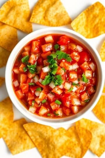 Delicious homemade salsa served with crispy tortilla chips, perfect for snacking or entertaining gue.