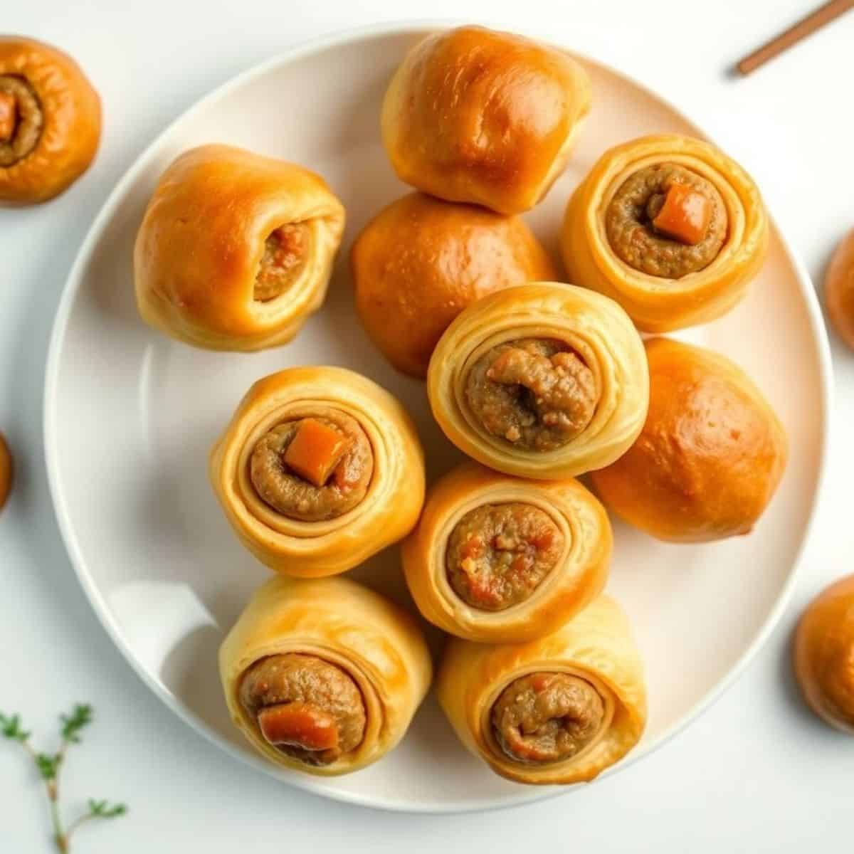 Delicious sausage rolls with flaky pastry and savory filling, perfect for snacks or parties.