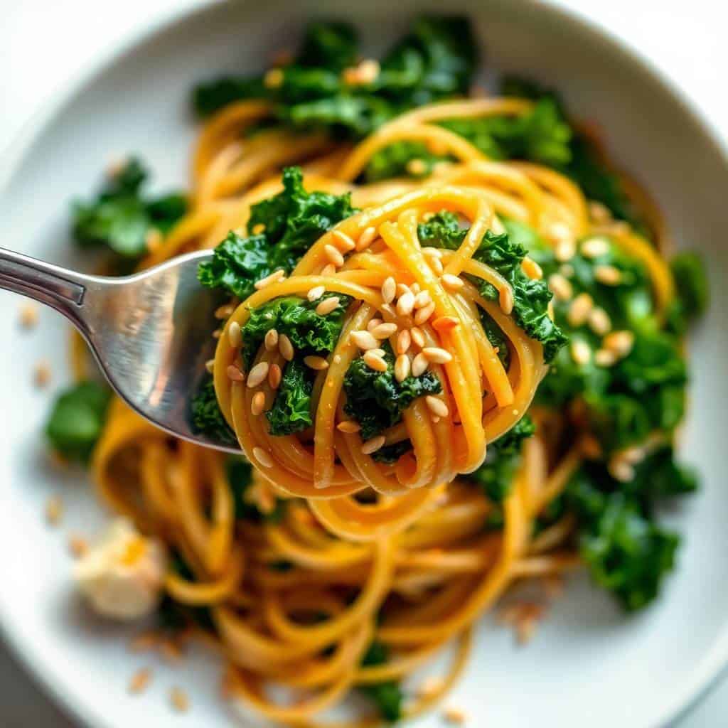 Delicious sesame kale noodles with fresh greens and toasted sesame seeds, perfect for a healthy, fla.