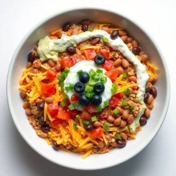 Vibrant seven-layer dip with beans, cheese, tomatoes, olives, and sour cream in a white bowl.