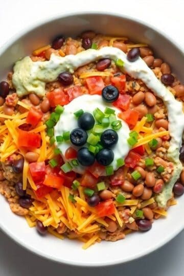 Vibrant seven-layer dip with beans, cheese, tomatoes, olives, and sour cream in a white bowl.