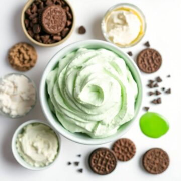Delicious shamrock cheesecake fluff with whipped cream and cookies.