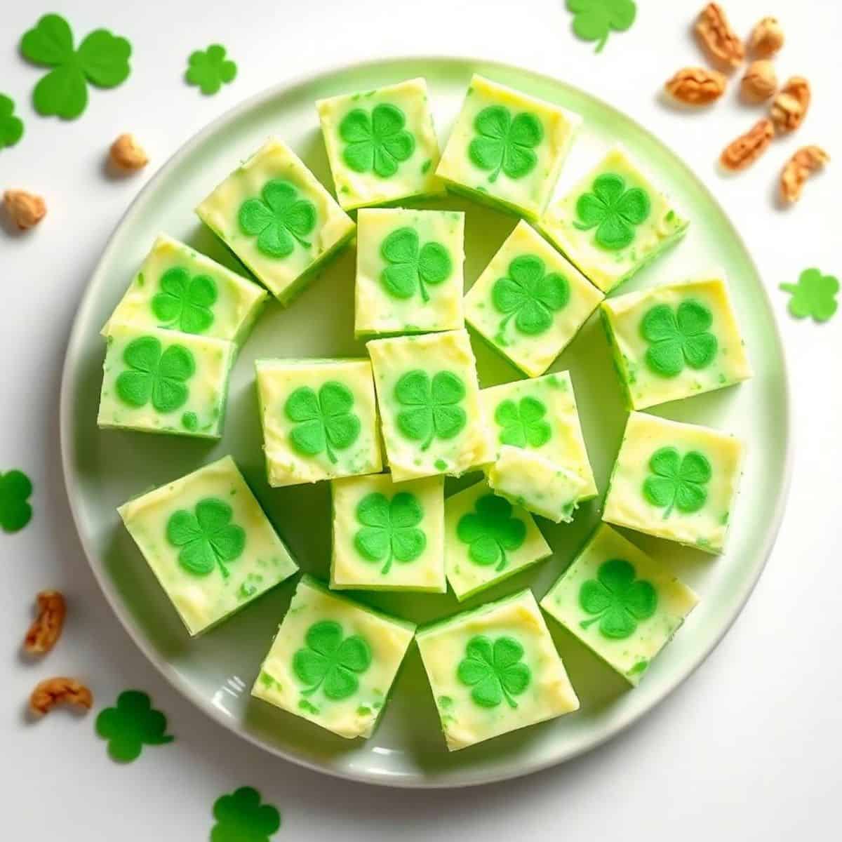 Green shamrock-shaped fudge pieces on a white plate for St. Patrick's Day.