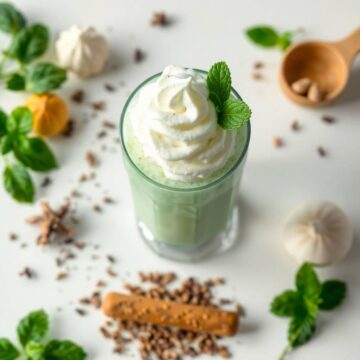 Refreshing shamrock mint milkshake topped with whipped cream and mint leaves.