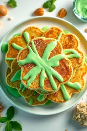 Delicious shamrock-shaped pancakes topped with minty green drizzle, perfect for St. Patrick's Day ce.