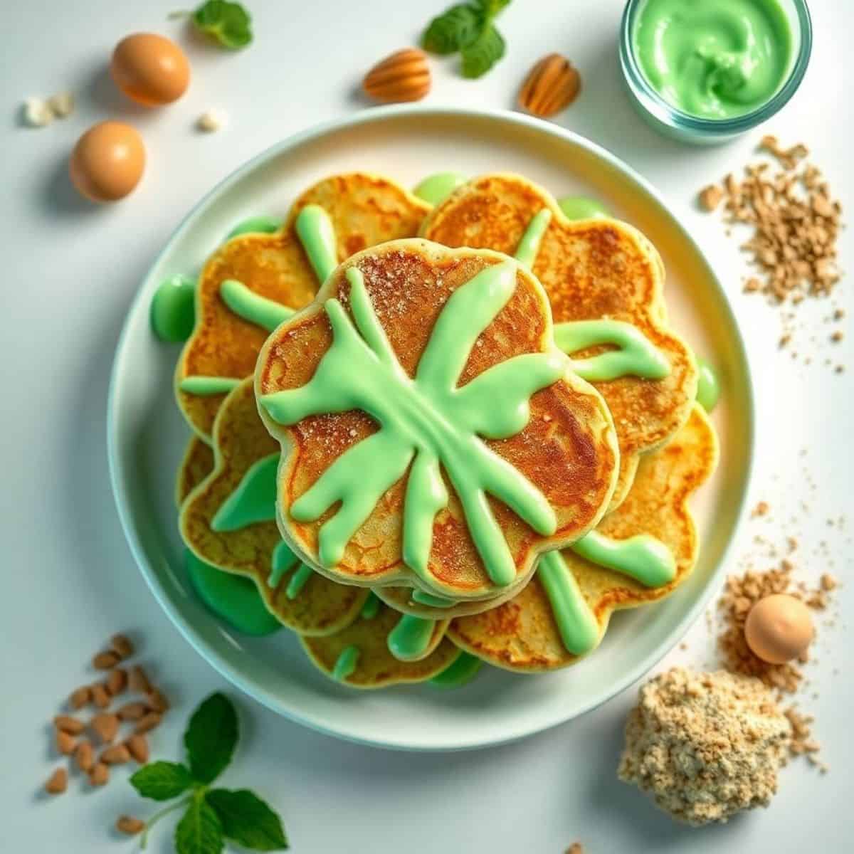 Delicious shamrock-shaped pancakes topped with minty green drizzle, perfect for St. Patrick's Day ce.