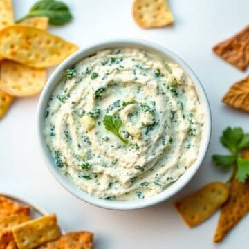 Creamy spinach artichoke dip with herbs in a white bowl. Perfect for parties and appetizers.