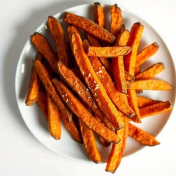 Healthy baked sweet potato fries with sea salt. Perfect snack or side dish for any meal.