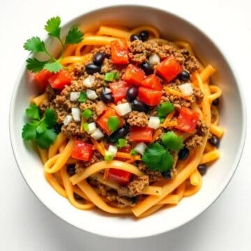 Delicious taco pasta with ground beef, tomatoes, and black beans in a white bowl.