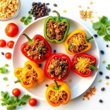Taco stuffed peppers with colorful bell peppers filled with seasoned meat and cheese, served on a wh.