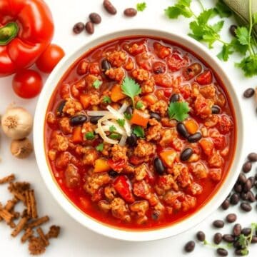 Delicious homemade turkey chili with beans and vegetables in a white bowl.