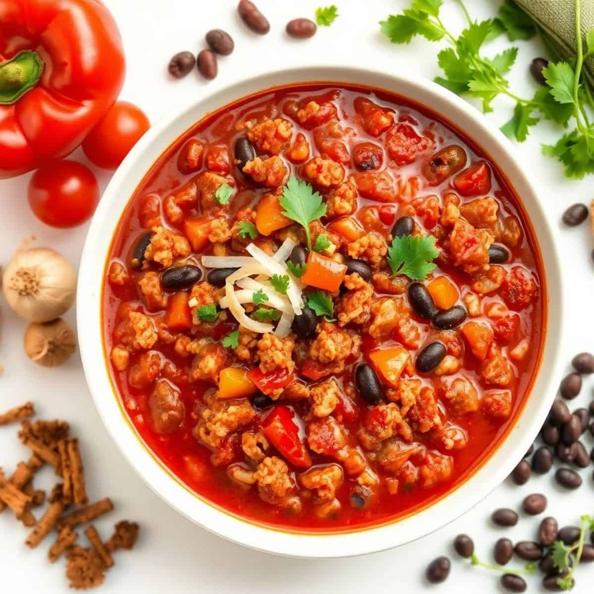 Delicious homemade turkey chili with beans and vegetables in a white bowl.