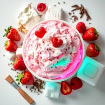 Delicious Valentine’s Day fluff dessert topped with strawberries and heart-shaped candies.