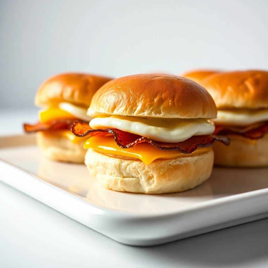 Delicious bacon breakfast sliders with eggs and cheese on soft buns.