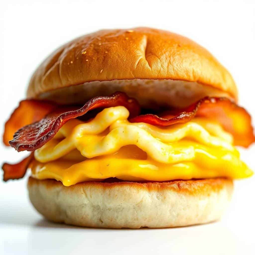 Delicious bacon breakfast sliders with eggs and cheese on a soft bun. Perfect for brunch or breakfast.
