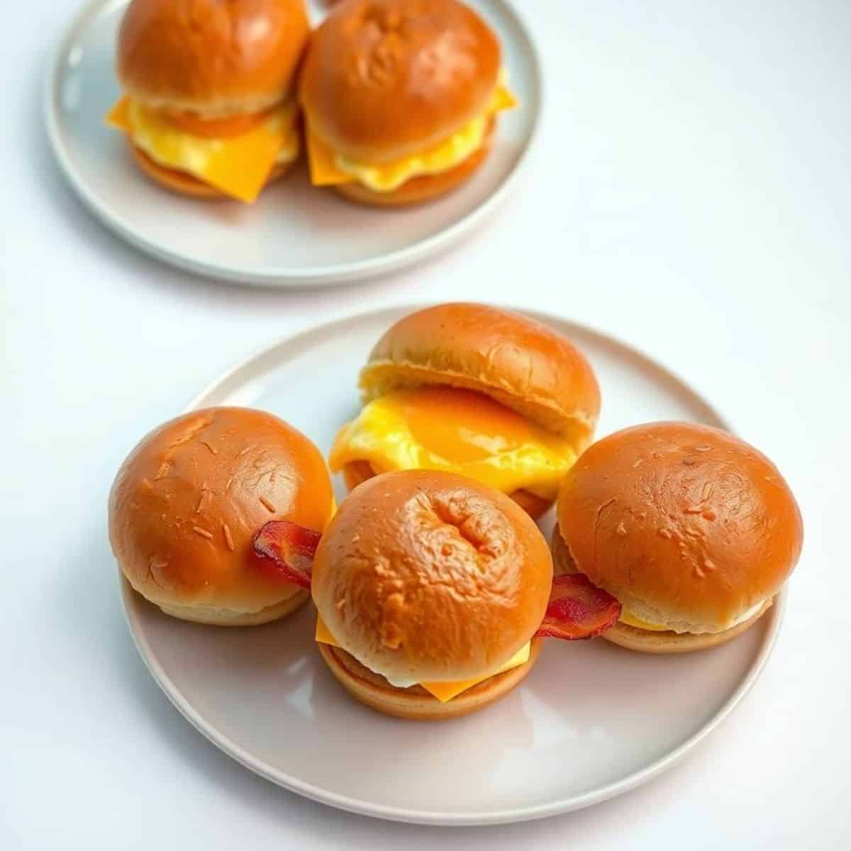 Delicious bacon breakfast sliders with cheese on soft buns.