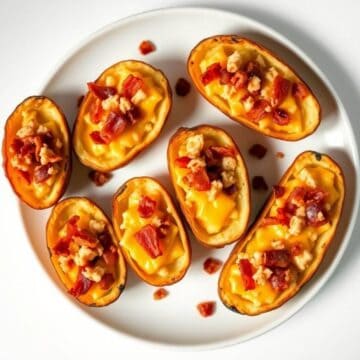 Bacon cheddar potato skins with crispy bacon bits and melted cheese. Perfect appetizer for parties a.