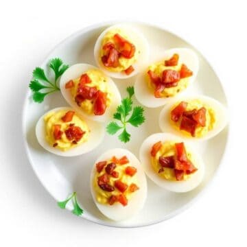 Delicious bacon-topped deviled eggs perfect for appetizers or brunch.