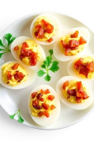 Delicious bacon-topped deviled eggs perfect for appetizers or brunch.