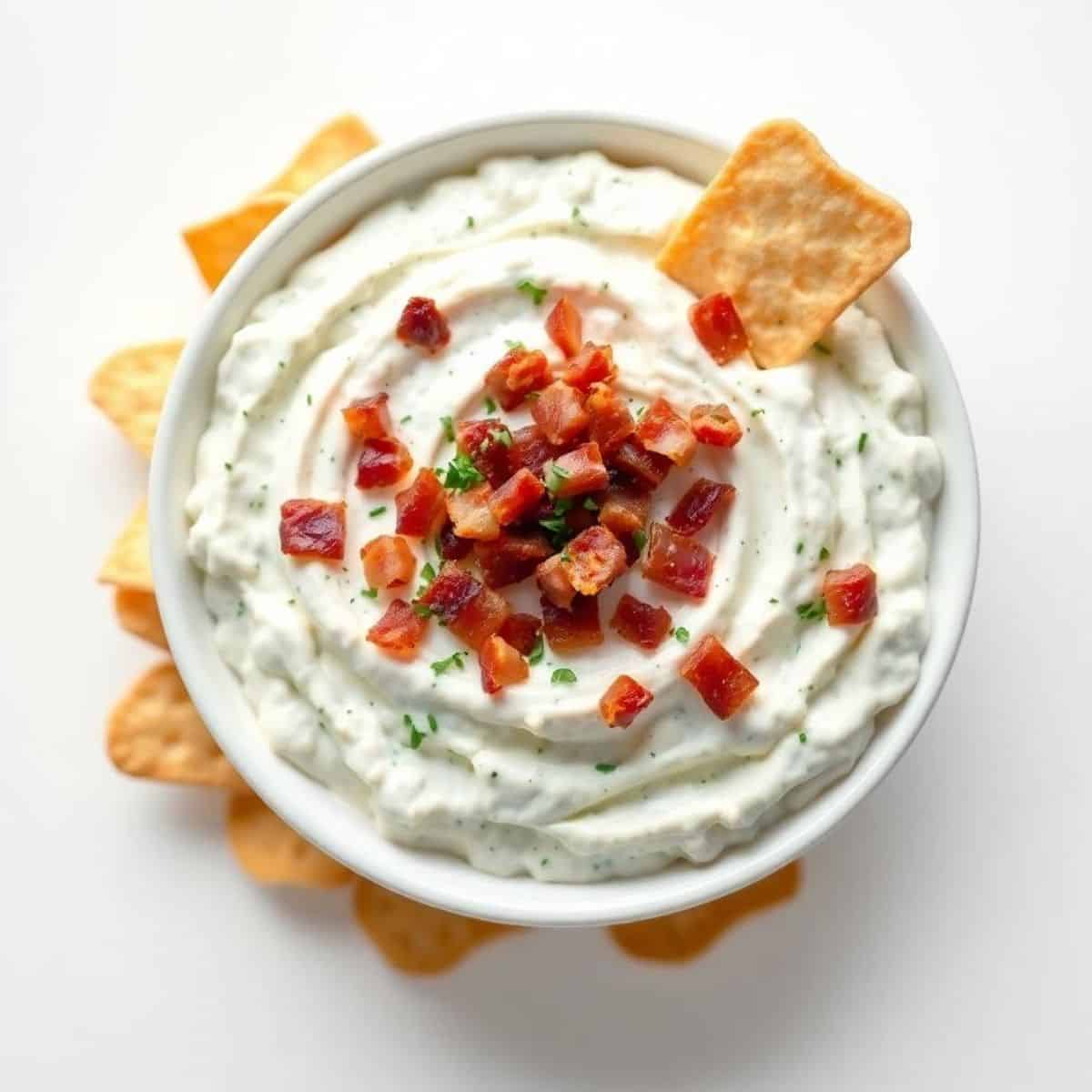 Delicious bacon ranch dip garnished with crispy bacon bits and fresh herbs, perfect for parties and.