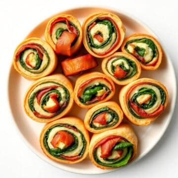 Delicious bacon spinach pinwheels with fresh ingredients on a white plate.