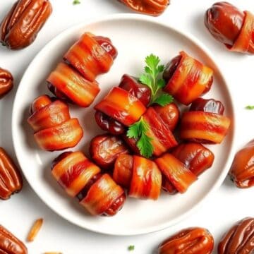 Delicious bacon-wrapped dates garnished with parsley on a white plate.