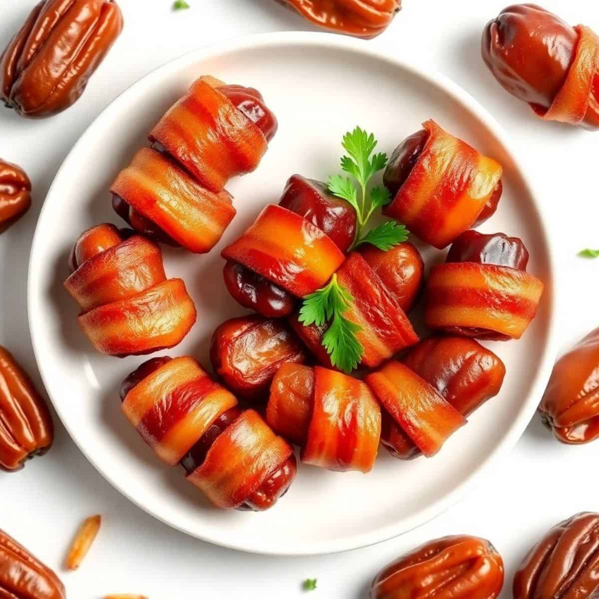 Delicious bacon-wrapped dates garnished with parsley on a white plate.