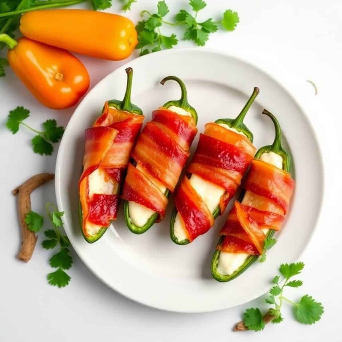 Delicious bacon-wrapped jalapeño poppers filled with cheese, perfect for appetizers or snacks.