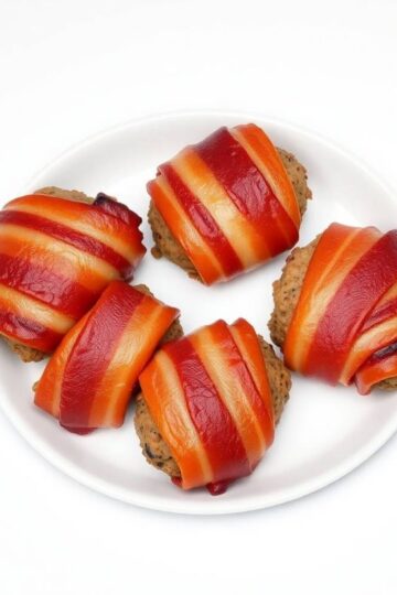 Bacon-wrapped mini meatloaf bites on a white plate, perfect for appetizers or party snacks.