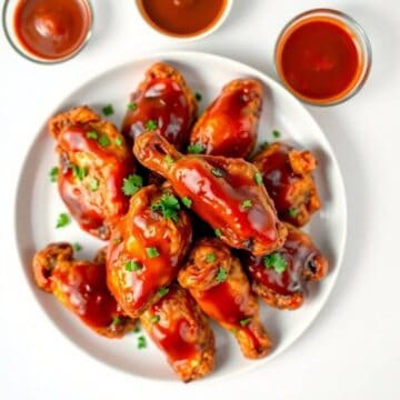 BBQ chicken wings with sauce and herbs on a white plate.