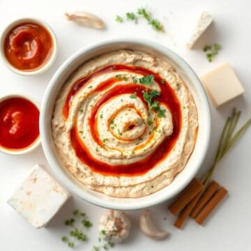 Delicious BBQ ranch dip garnished with cilantro, served in a white bowl with hot sauce and cheese cu.