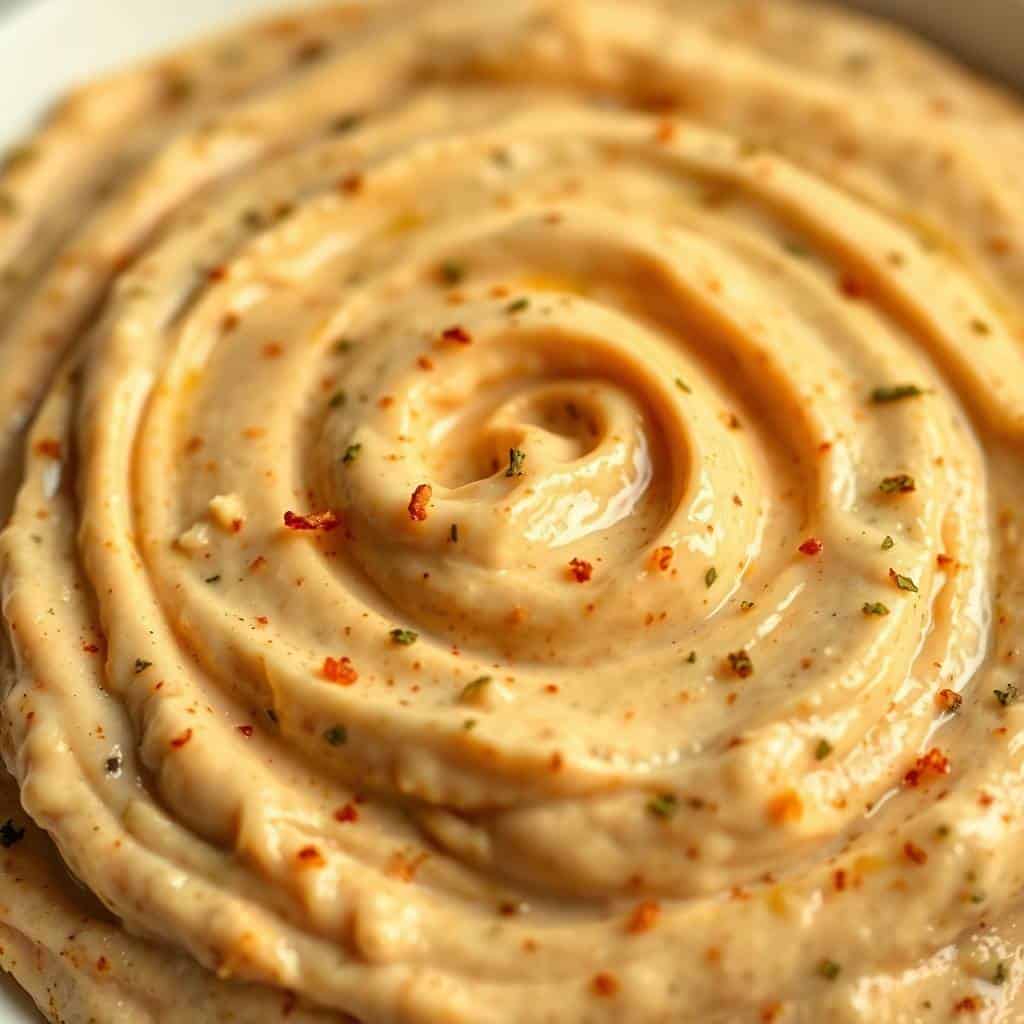 Bean dip in serving bowl with garnishes