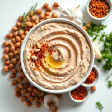 Delicious bean dip topped with paprika, seeds, and olive oil, served in a white bowl with fresh herb.