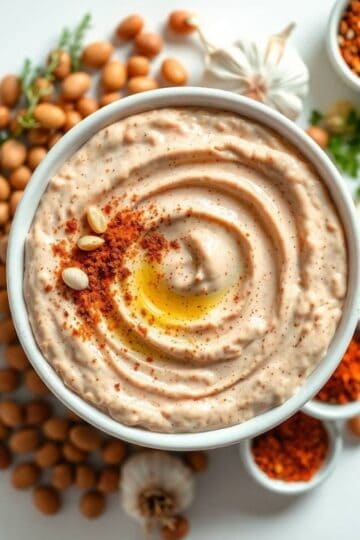 Delicious bean dip topped with paprika, seeds, and olive oil, served in a white bowl with fresh herb.