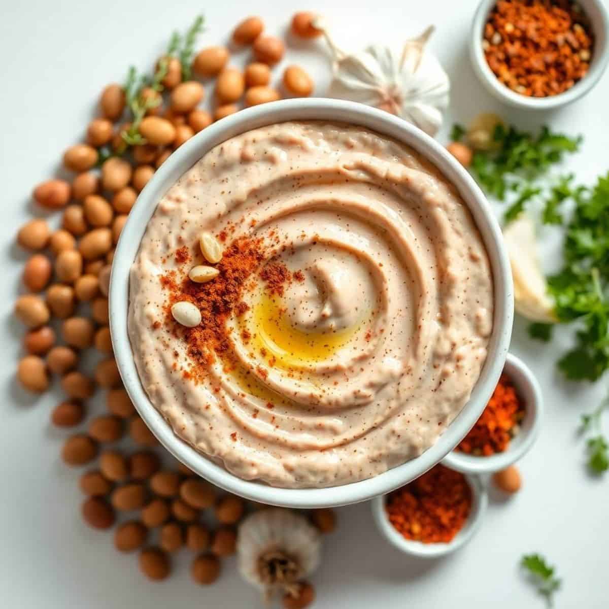 Delicious bean dip topped with paprika, seeds, and olive oil, served in a white bowl with fresh herb.