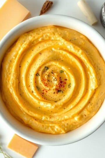 Delicious beer cheese dip served in a white bowl, garnished with spices. Perfect for snacks and part.