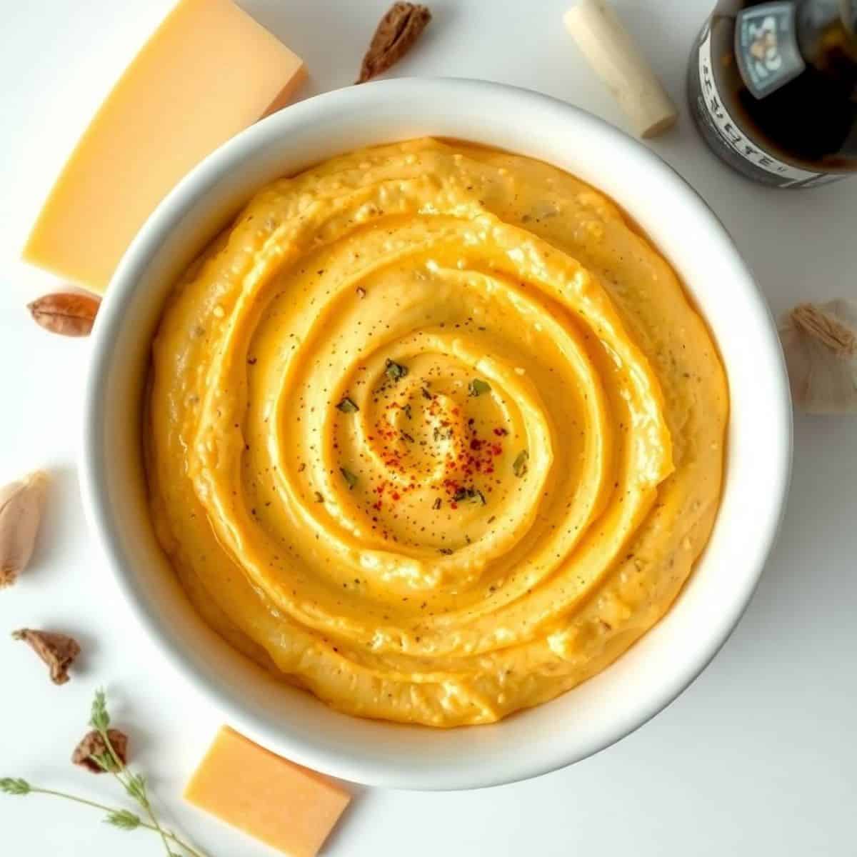 Delicious beer cheese dip served in a white bowl, garnished with spices. Perfect for snacks and part.