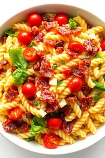 Delicious BLT pasta salad with crispy bacon, cherry tomatoes, and fresh greens. Perfect for summer p.