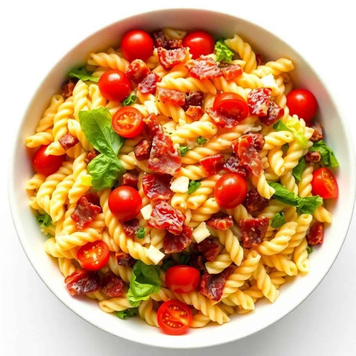 Delicious BLT pasta salad with crispy bacon, cherry tomatoes, and fresh greens. Perfect for summer p.