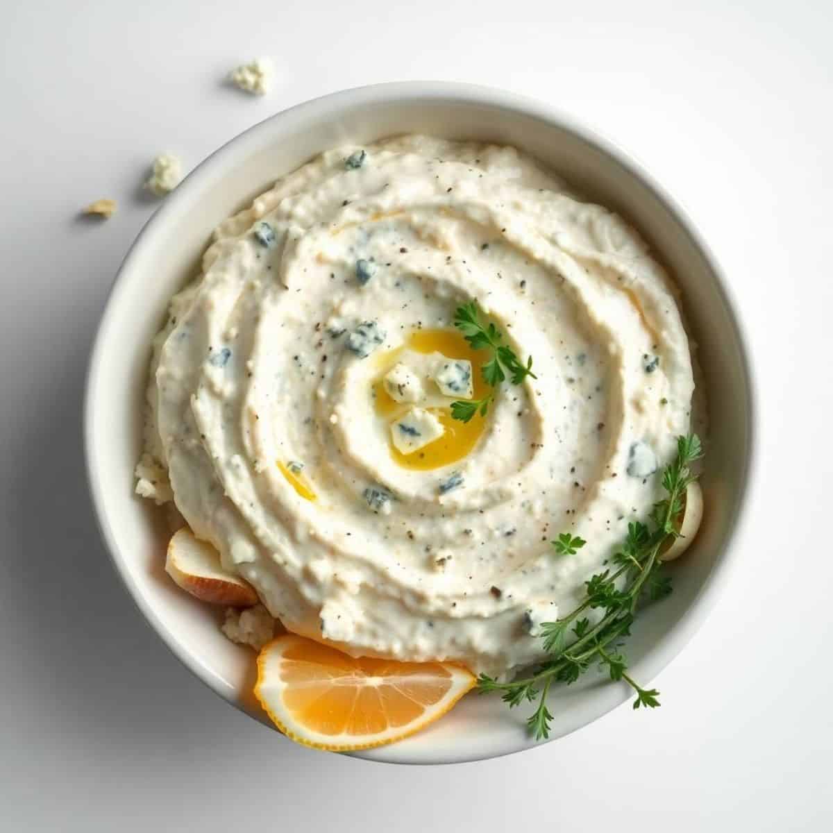 Delicious blue cheese dip garnished with herbs and lemon wedge, perfect for snacks and appetizers.