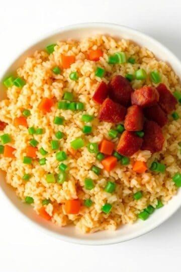Delicious breakfast fried rice featuring mixed vegetables and savory sausage pieces, perfect for a h.