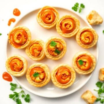 Delicious buffalo cauliflower pinwheels with crispy pastry and spicy sauce.