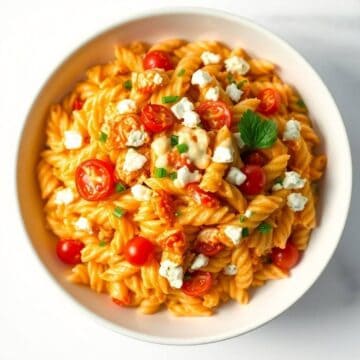 Creamy buffalo chicken pasta salad with cherry tomatoes and feta cheese.