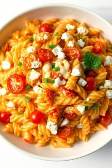 Creamy buffalo chicken pasta salad with cherry tomatoes and feta cheese.