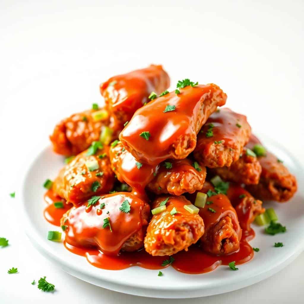 Crispy buffalo chicken wings with sauce and green garnish.