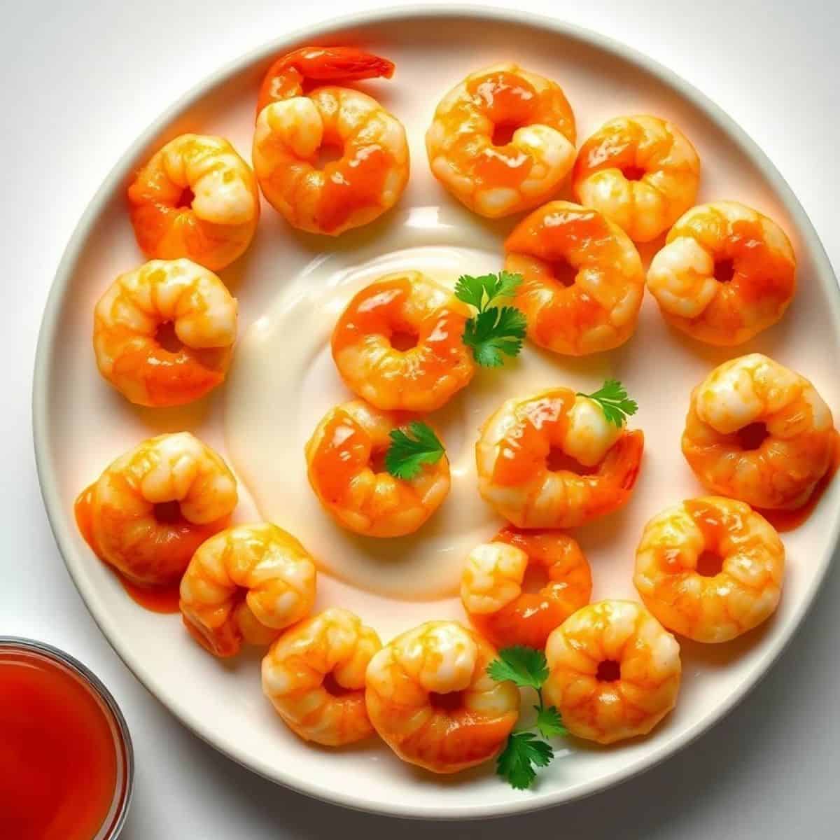 Delicious buffalo shrimp bites served with dipping sauce and garnished with cilantro.