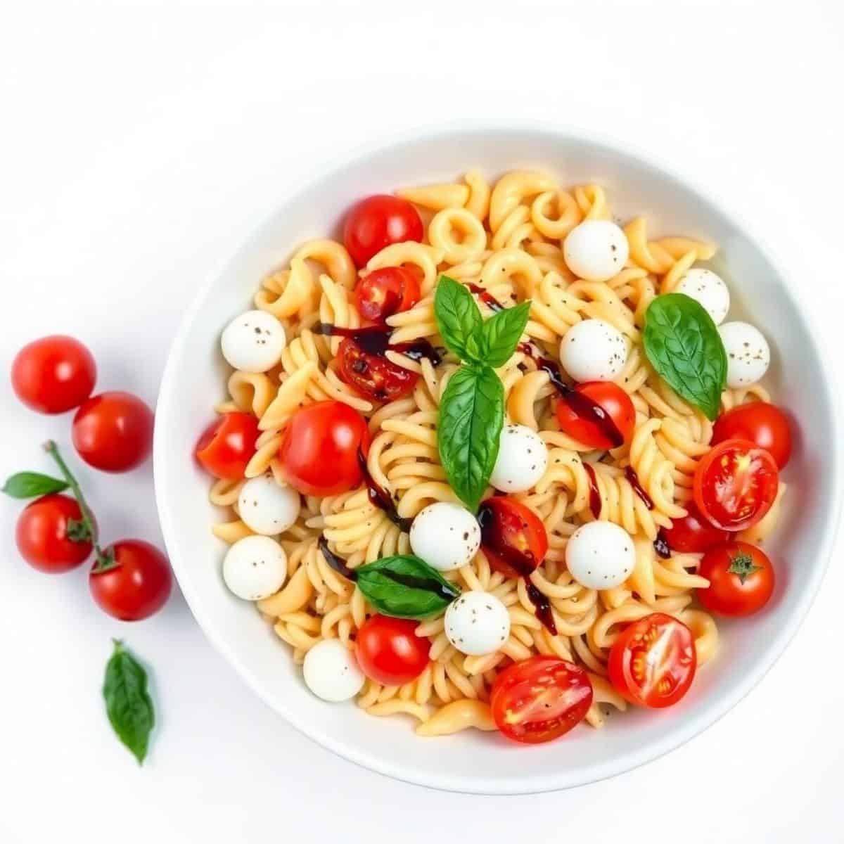 Fresh Caprese pasta salad with cherry tomatoes, mozzarella balls, and basil leaves.