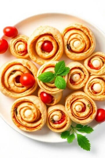 Delicious Caprese pinwheels with fresh tomatoes, basil, and mozzarella cheese on a white plate. Perf.