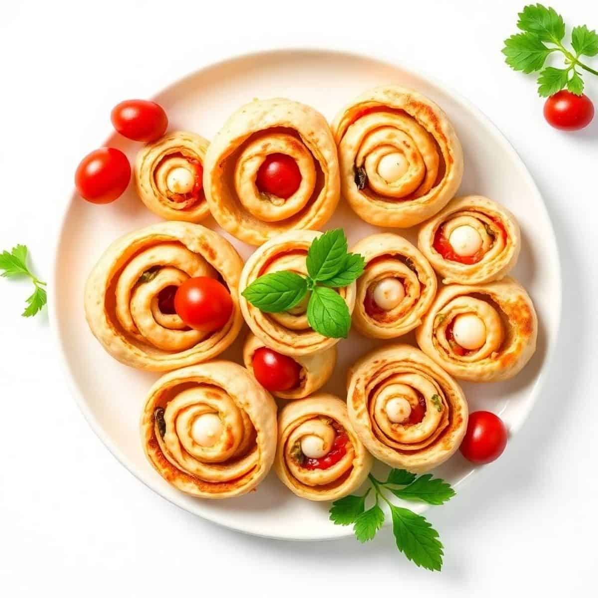 Delicious Caprese pinwheels with fresh tomatoes, basil, and mozzarella cheese on a white plate. Perf.