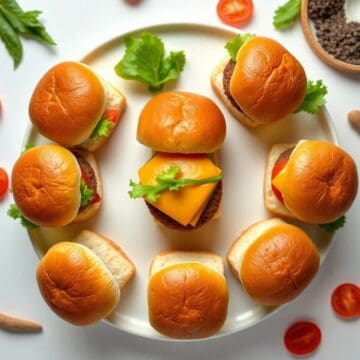 Delicious cheeseburger sliders with melted cheese, fresh lettuce, and juicy beef patties on soft bun.